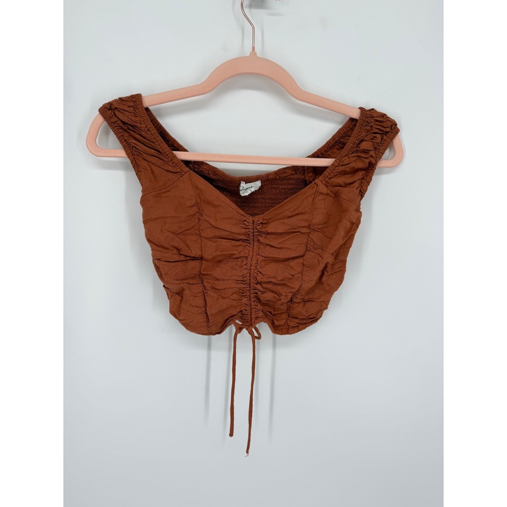 Japna Crop Top Women XS Rust Brown Ruched Drawstring Smocked Back Rayon